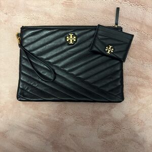 Tory Burch Black Quilted Leather Wristlet and Card Holder